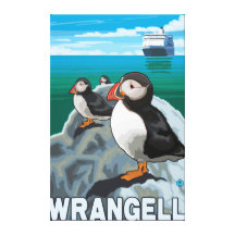 Puffins & Cruise Ship - Wrangell, Alaska Stretched Canvas Prints