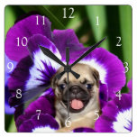 Pug in pansies dog square clock