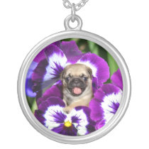 Pug puppy in pansies custom necklace