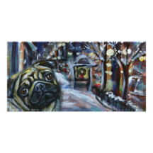Pug winter scene photo card template