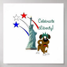Pup with Lady Liberty and Fireworks Poster
