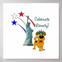 Pup with Lady Liberty and Fireworks Poster