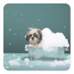 Puppy in foam bath square sticker