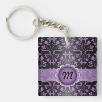 Purple and Black Damask Monogram key chains