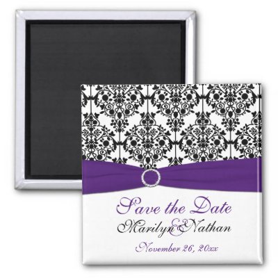 Purple and Black Damask Wedding Favour Magnet by NiteOwlStudio