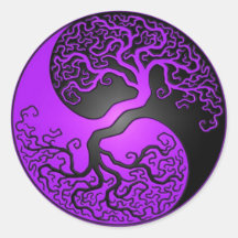Purple and Black Yin Yang Tree Round Stickers