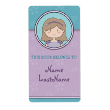 Purple and Blue Bookplates / cute cartoon girl Personalised Shipping Label
