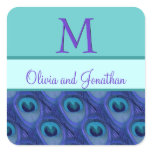 Purple and Blue Peacock Feathers Wedding Monogram Square Sticker