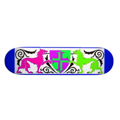 purple and green coat of arms custom skateboard