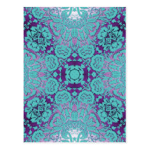 Purple and Turquoise Embossed Damask Pattern Postcards