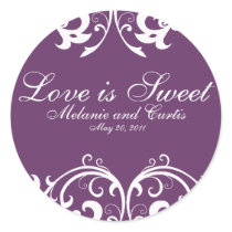 Purple and White Damask Monogram Round Stickers