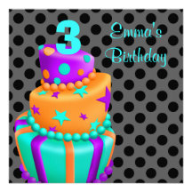 Purple Black Cake Presents Girls 3rd Birthday Invites