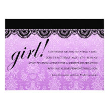 Purple & Black Damask Girls Baby Shower Invite