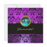 PURPLE BLACK  DAMASK MONOGRAM, blue aquamarine Custom Invitation
