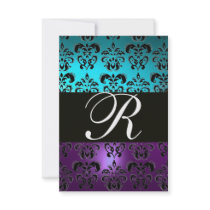PURPLE BLACK DAMASK MONOGRAM RSVP ,blue turquase