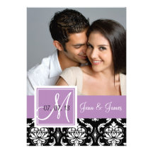 Purple Black Damask Photo Save the Date Custom Invitation