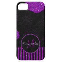 Purple & Black Faux Glitter Print Roses & Stripes iPhone 5 Covers