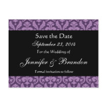 Purple Black Feather Damask Save Date Postcard