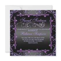 Purple/Black Sweet Sixteen Swirl Birthday Invite