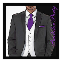 Purple black white tuxedo bachelor party invites