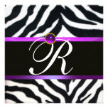 PURPLE BLACK WHITE ZEBRA FUR MONOGRAM ,amethyst Custom Announcements