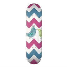 Purple Blue Chevron Stripes Whimsical Birds Owl Skateboard Decks