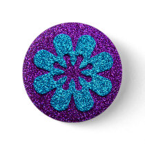 Purple & Blue Glitter Retro Flower Pinback Buttons