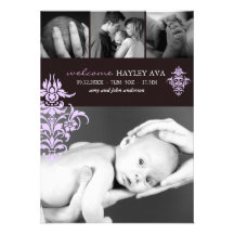 Purple & Brown Damask Birth Announcement