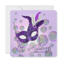Purple Bubbles Purple Sweet Sixteen Masquerade Invitations