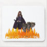 Purple caped vampire with 3 headed dog mouse pad