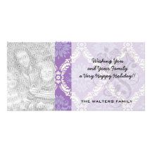 purple cream damask pattern personalized photo card