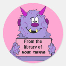 Purple Cute Monster Kids Personalized Book Labels Round Stickers