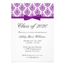 Purple Damask Bow Graduation Announcement invitations
