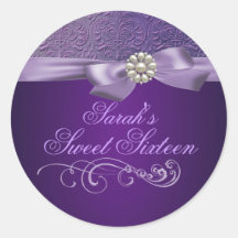 Purple Damask & Bow Sweet 16 Envelope Sticker