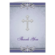 Purple Damask Cross Christian Thank You Card