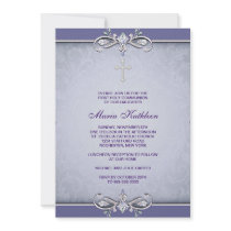 Purple Damask Cross First Communion Invitation