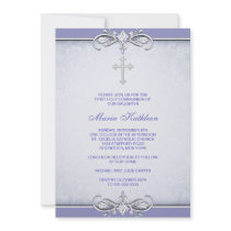 Purple Damask Cross First Communion Invitation