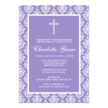 Purple Damask Cross Girl Baptism Christening Invitation