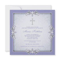Purple Damask Cross Girls Purple First Communion Invite
