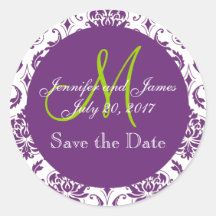 Purple Damask Green Monogram Save the Date Round Sticker
