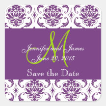 Purple Damask Green Monogram Save the Date Sticker