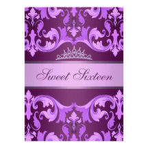 Purple Damask & Tiara Sweet16 Birthday Invite
