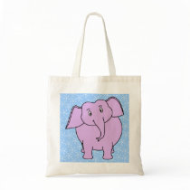 Purple Elephant Cartoon. Blue Floral Background. Canvas Bags