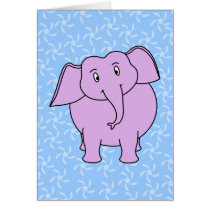 Purple Elephant Cartoon. Blue Floral Background. Card
