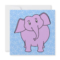 Purple Elephant Cartoon. Blue Floral Background. Personalized Invites