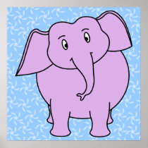 Purple Elephant Cartoon. Blue Floral Background. Posters