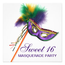 Purple Feather Mask Sweet 16 Masquerade Party Invite
