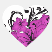 Purple Floral Black Swirls Heart Stickers
