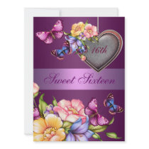 Purple Floral Butterfly Sweet16 Birthday Invite