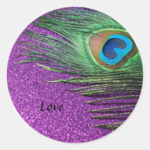 Purple Glittery Peacock Feather Still Life Round Sticker